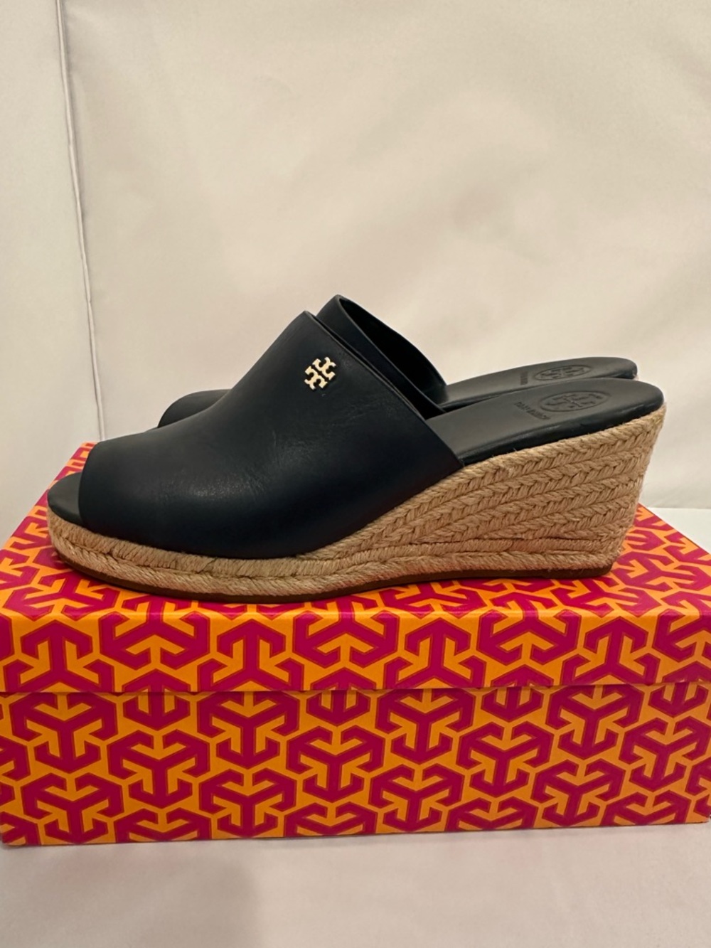 Tory Burch Navy Leather Espadrille Wedge s - Picture 2 of 5